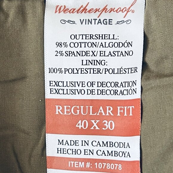 NWT Weatherproof Vintage Men Bonded Fleece Lined Green Canvas Pant 40x30 Regular - Picture 8 of 16